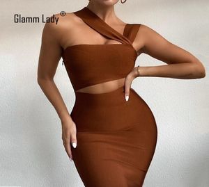 Glamm Lady Midi Casual Bandage Dress For Women Party Bodycon Sexy Dress Strapless Autumn Dresses Elegant Hollow Out Vestidos 210309948411