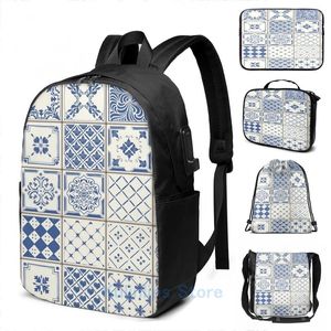 Ryggsäck roligt grafiskt tryck azulejo azulejos lissabon portugal USB ladda män skolväskor kvinnor väska rese bärbar dator