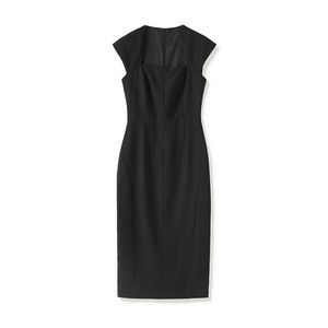 Summer Black Solid Color Panel Panel Dress Short Sleeve Slash Neck Midi Casual Dresses W4M065302