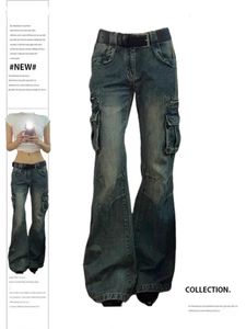 Pantaloni da cargo fotvotee donne alla moda grande tascabile femme flare primaverile casual pantaloni di denim vintage y2k jeans baggy 240423