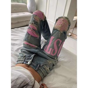 jeans femminile piccante ragazza rosa perforato ricamato gamba dritta femminile primavera 2024 Nuovi pantaloni a gamba larga sciolta e magra