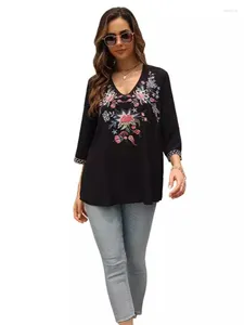 Women's Blouses KHALEE YOSE Boho Floral Embroidery Blouse Shirt Black Summer Spring Mexican Women Ladies Hippie Chic 2xl 3XL Ethnic