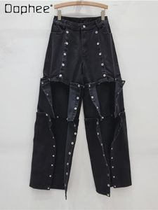 Spring Street Trend destacável Multibutton Design Jeans irregular de calças de cintura alta perna preta Mulheres 240423