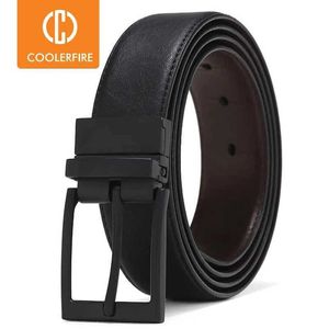 Bälten Mens Belt Business Dress med Mens Leather Belt Reversible Buckle Brown and Black Fashionable Work and Leisure HQ111 Y240507