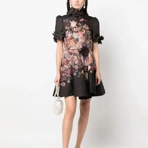 2024 Runway Designer Woman Dress Ruffles Short Sleeve Flower Print Lace Up Elegant Female Verstidos Holiday Vacation Dresses