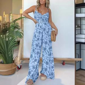 Women One Piece Print Floral Jumpsuits Sleeveless V Neck Sling Rompers Wide Leg Long Pants Overalls Sexy Hight Waist 240423