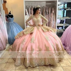 Elegant långärmad rosa quinceanera klänningar lätt guld paljett applikationer bollklänning födelsedag klänning glittrande snörning söt 16