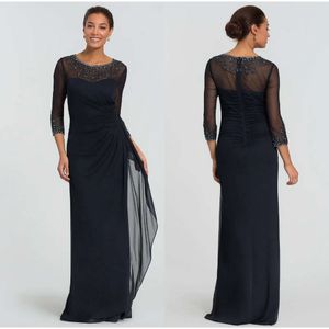 Sleeve Beaded Evening 3/4 Long Muslim Dresses Jewel Neck Chiffon Black Robe De Soiree Plus Size Formal Dress