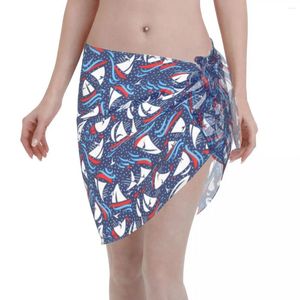 Sailboat Regatta Navy Nautical Swimwear Pareo Scarf Cover Ups Women Polyester Short Skirt Bikini Cover-Up Sarong