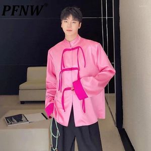 Men's Casual Shirts PFNW Chinese Style Contrasting Color Stand Collar Long Sleeve Trend Frog Summer Male Clothing 9C5343