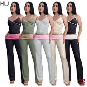 Женские штаны с двумя частями HLJ Fashion Y2K Стиль сплайсинги, настраивает женщины глубоко v Halter Crop Top и наряды женская твердая одежда 2 шт.