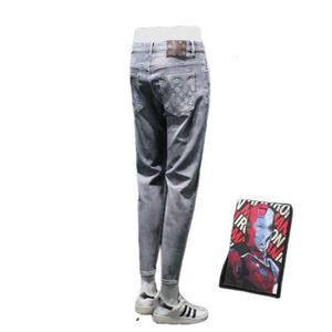Fashion clothing High end printed smoky gray cropped, men's trendy brand versatile, high-end elastic tapered slim fit pants 9 mens jeans designs religious jeans men