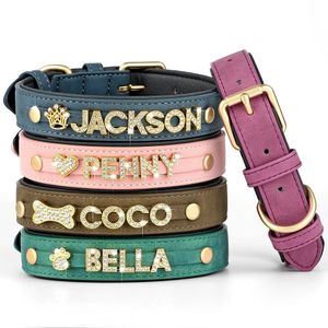 Custom Leather Dog Collar Personalized Dogs Name Collars Bling Rhinestone Pet Necklace DIY Free Bone Paw Heart Charm 240508
