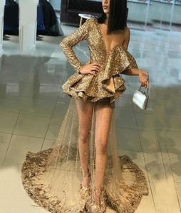 Sukienki imprezowe seksowne złote jedno na ramię cekinowe sukienki wieczorowe 2021 marszczyki z długim rękawem aplikacje koronkowe iluzja formalna sukienka 3624750