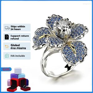 Clusterringe Hoyon 925 Silberfarbe Ring für Frauen Mosaic Voll loser Moissanit Iris Zwei -Ton Blue Topaz Blumenparty Cocktailschmuck