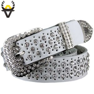 Fashion Rhinestone Belts de couro genuíno para mulheres Luxuros Pin Fivelel Burch Woman Quality