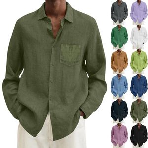 Mäns casual skjortor Spring Men Lose Linen Solid Long Sleeve Turn-Down Collar Button Retro Shirt för manliga blus toppar Camisas Hombre