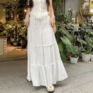 Röcke Frauen Weiß Maxirock Elegante Fahion Frühling Rüsche Feste Farbe Elastischer Taille weiblicher Sommer langer Jahrgang