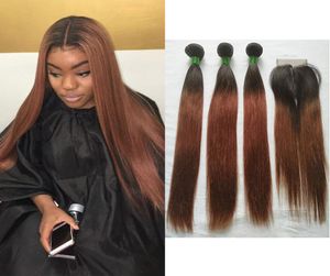 Malezji Ombre 1B33 Dwucie kolor prosty ludzki splot włosów 3 wiązki z 4x4 środkowej części koronki przednich dostawców Virgin Hair E8125710