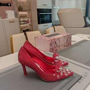 Bombas de salto vermelho com strassm strass de coração Ponto de dedo do pé estiletto SLIPE SLIP-ON 8,5 cm de sapato de sapato de sapato