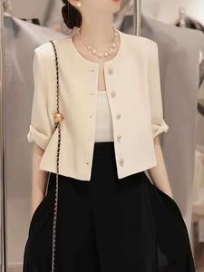 Jaquetas femininas Jaqueta de terno pequeno da moda elegante feminino de manga curta de peito pequeno traje pequeno de pescoço redondo simples casual de cor sólida