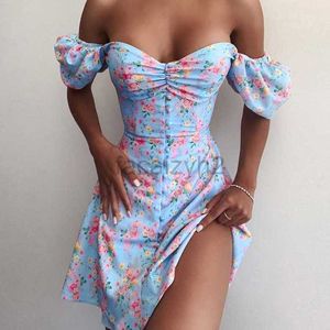 Casual Dresses Designer Dress 2024 Women's floral temperament bubble sleeves fashionable waist cinching blue strapless dress Plus size Dresses