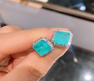 Retro Sterling Gümüş 925 Doğal Taş Emerald Paraiba Turmalin Turkuaz Küpe Kadınlar için Damızlık Kulak Fine Takı Tüm 211551014