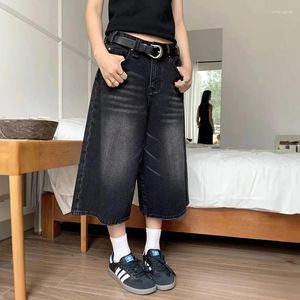 Kvinnors shorts vintage y2k baggy denim breda benbyxor för kvinnors mode hög midja tvätt knä längd jeans överdimensionerad