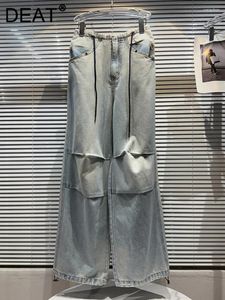 Kvinnors jeans Personlighet Streetwear Pleated Hem Loose Women's Drawstring Elastic Midjan Emanced Denim Pants 2024 Summer 11xx2584