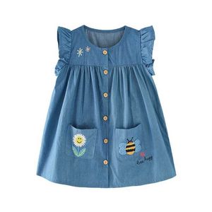 Girl's Dresses Jumping Meters 2-7T Bee Pocket Summer Girls Dress Animal Embroidery Childrens Clothing Party Button Cute DressL2405