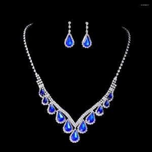 Brincos de colar Conjunto de 3 PCs Incluste shinestone noiva Luxuja Corrente de cristal azul Chain Drop Drop Wedding de duas peças