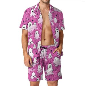 Erkeklerin izleri pembe hayalet erkekler komik cadılar bayramı baskı sıradan şort yaz plaj gömlek seti kısa kollu grafik büyük boy takım hediye