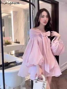 カジュアルドレス2024 Vestidos De Mujer Sweet for Women Slash Neck Lantern Sleeve Summer Robe Femme Bandage Bow Loose A-lineドレス27w369