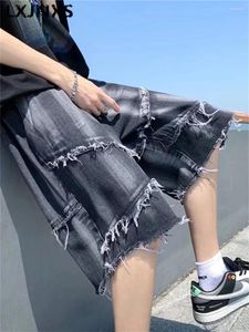 Frauenhose Frauen schwarze gotische Denim -Shorts Y2K High Taille Knie Länge Cowboy Harajuku Vintage Emo Jeans 2000er übergroße Kleidung