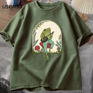 Męskie koszule Śliczne cottagecore T-shirts estetyczna żaba grająca na banjo na grzybach koszulka Mężczyzn Summer Bawełny krótkie koszulki męskie ubrania męskie