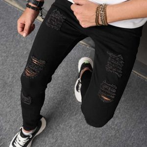 Mäns jeans snygga män hiphop rippade jeans manliga hål denim byxor mager blyerts jeans för män y240507