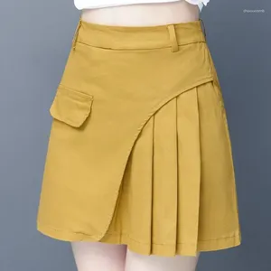 Signe 2024 in stile coreano da donna donna ad alta vita gialla nere una gonna di linea estiva primavera femmina pieghettata elastica