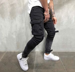 Olome helt nya män multipock biker jeans manliga smala lastjoggare byxor för mens svart färg streetwear swag denim byxor t202931835