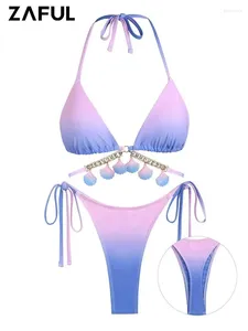 Women's Swimwear ZAFUL Tie Dye Halter Sexy Thong Bikini Set Triangle Brazilian Swimsuit Side String Beachwear Bathing Suit