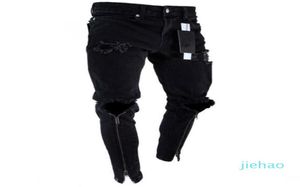 Masowe męskie otwory na zamek designerski dżinsy czarne rozryte Slim Fit Reprezentowane spodnie ołówkowe Multi styl8175682