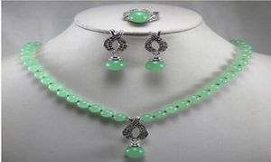 Vackra smycken 8mm Green Jade Pendant Necklace Earring Ring Set6055990
