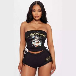 Summer Womens Crop Top Two Pieces Shorts Set Clothing Off Shoulder Print Wrapped Chest Short Outfit