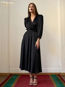 Lässige Kleider klassischer loser schwarzer Satin Frauen 2024 Mode V-Ausschnitt Langarm Langhärme Knöchel Länge Kleid elegante Schnüre-up Frau