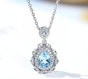 Vintage Aquamarine Blue Crystal Topaz Gemstones Diamond Pendant Neckor for Women White Gold Silver Color Jewel Fashion Gift4871444