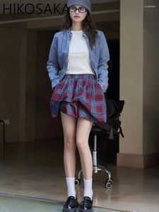 Skirts Spring Summer Japanese Casual Mini Jupe Elastic Wasit Contrast Color Plaid Irregular Skirt 2024 Fashion Faldas Mujer