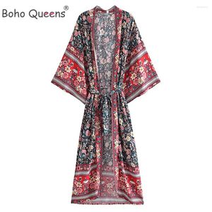 Boho Queens Kadın Çok Çiçek Baskı Bohemian Kimono Beach Robe Lady Batwing Kollu Rayon Vintage Maxi Bikini Kapak