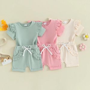 Kläder sätter fokusnorm 0-3y småbarn baby flickor kläder set 2 st kort ärm ruffles solid t-shirt med elastiska midjeshorts