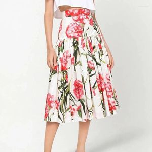 İş Elbiseleri Kadınlar Zarif Baskı 2 Parça Setleri Klasik Kısa Kollu Omuz Çiçek Gömlek Mutlu Bahçe Yüksek Bel Zipper Etekler 2024