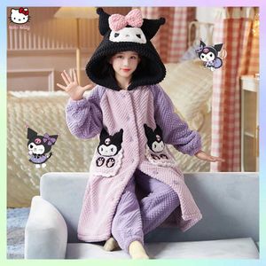 Pajamas Sanrios Kuromi Autumn Childrens Plush Pajamas Robe Cinnamon Melody Y2K Kawaii Girls Cute Hooded Thick Pajamasl2405