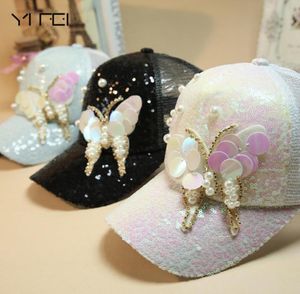 Роскошные женщины бейсболка бейсболка Bling Buting Butterfly Pearl Seecings Hip Hop Cap Vintage Snap Back Design Casual Snapback Hat Новый LJ201103218430